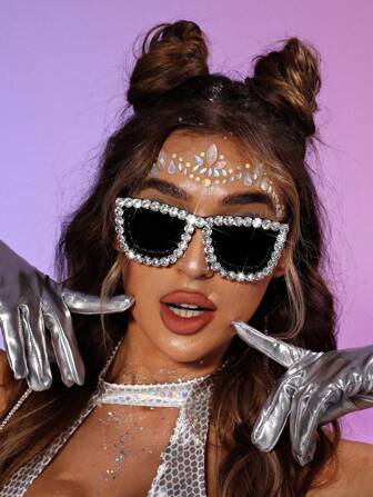 1 par de gafas de moda con clasificación de rhinestone, adecuadas para estilos de fiesta y festival, accesorios de playa para mujeres, gafas básicas, ropa de otoño e invierno, regalos casuales de negocios para vacaciones en la playa de verano, al aire libre, decoración de viaje con rhinstones, marco cuadrado oversize para festivales de música, estilo de preparación para volver a la escuela