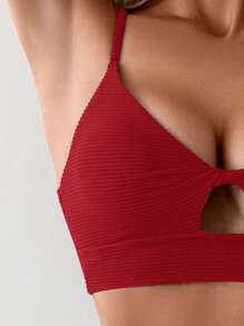 SHEIN Swim Ladies' Summer Beach Solid Color Hollow Out Stylish Bikini Top - Red - View 3