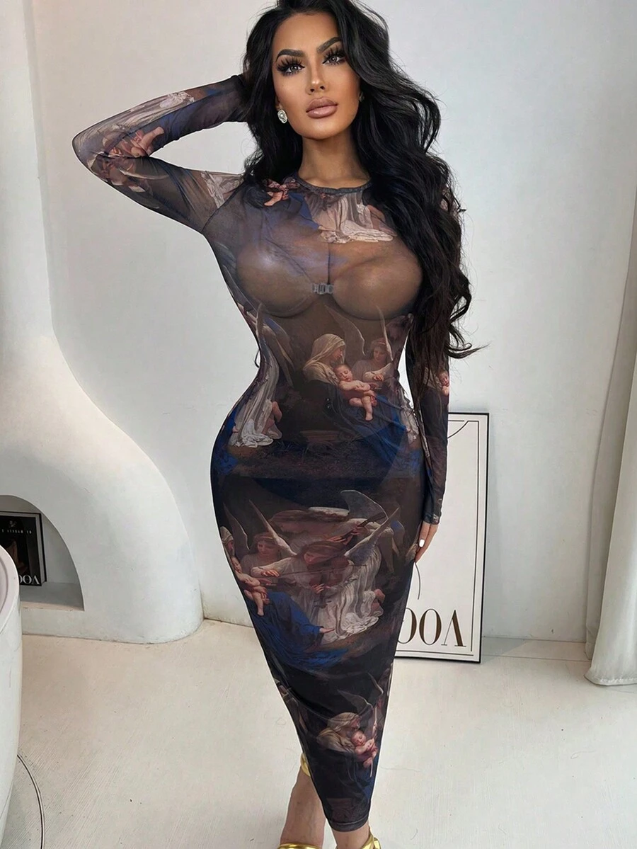 SHEIN SXY 女士圓領修身連身裙 - 黑色 - 查看 1