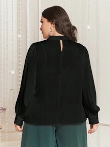 Modelyn Plus Size Solid Color Stand Collar Lantern Sleeve Shirt - Black - View 2
