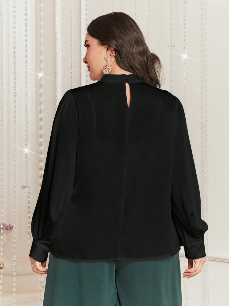 Plus Size Solid Color Stand Collar Lantern Sleeve Shirt