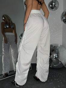 SHEIN ICON Của phụ nữ Rộng Eo đàn hồi Dây rút Bán trong suốt Dài Quần - trắng - Xem 2