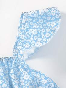 SHEIN 少女全印花方領上衣，配有荷葉邊袖口和裙子，2件套裝 - 淺藍色 - 查看 3