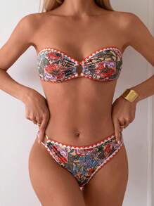 SHEIN Swim Summer Women's Tropical Plant Print Bandeau Bikini Set, 2pcs - Multicolor - View 7