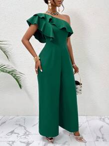 Zolique One Shoulder Ruffle Sleeve  Detail Wide Leg