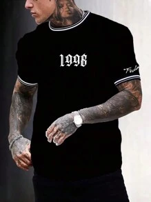 Manfinity Homme Playera De Cuello Redondo Para Hombres Con Rayas De Contraste E Impresión De Números - Negro - Ver 1