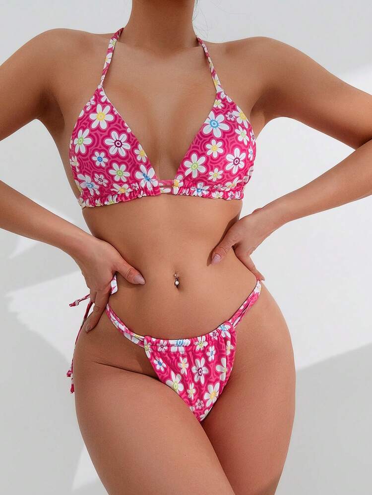 Women's Ditsy Floral Halter Tie Bikini Set Bra & Bikini Set Bottom Bikini Set For Summer Beach