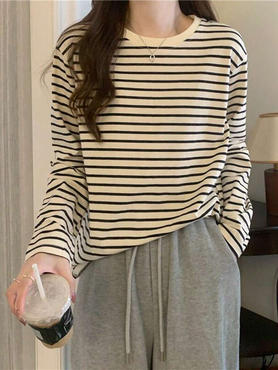 Women's Casual Striped Round Neck Drop Shoulder Long Sleeve T-Shirt, Spring/Autumn