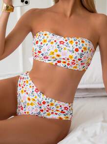Swim Mod Ensemble bikini bandeau avec imprimé de petites fleurs, pour l'été à la plage