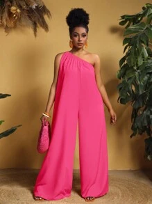 Slaydiva Plus Size Solid Color One Shoulder Wide Leg Jumpsuit - Hot Pink - View 3