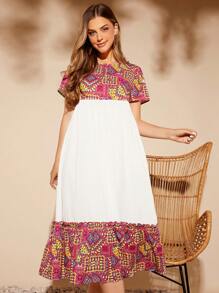 SHEIN VCAY Geo Print Ruffle Hem Smock Dress With Sleeves