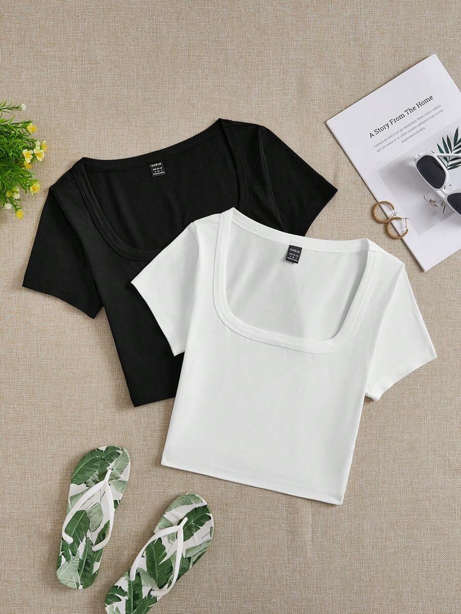 SHEIN EZwear 2pcs/Set Casual Solid Color Square Neck Short Sleeve Cropped Fitted Women T-Shirts, Suitable For Summer - Multicolor - View 1
