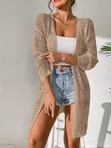 SHEIN Swim 女士中空純色休閒時尚羽織風外套 - 卡其色 - 查看 5