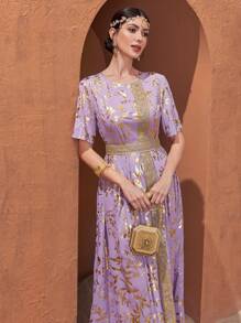 Al Najma Vestido De Mujer Con Decoración De Encaje Soluble En Agua Impreso Dorado - Morado - Ver 5