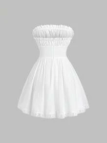SHEIN Unity Đầm quây xếp ly màu trơn dành cho nữ, có viền bèo nhún. - trắng - Xem 2