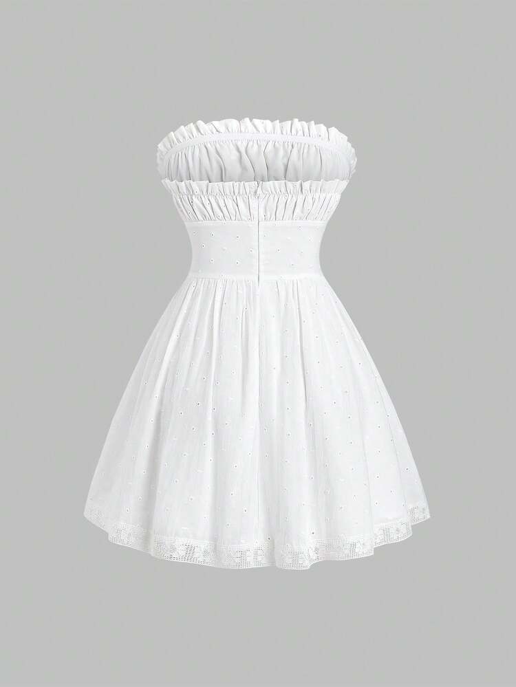 Ladies' Solid Color Pleated Strapless Dress With Frill Trim