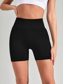 SHEIN Yoga Basic Women's Solid Color Yoga Sports Shorts Booty Shorts - Black - View 3