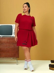 HARRY POTTER X SHEIN Plus Letter Graphic Contrast Collar Tee & Fold Pleated Skirt - Red - View 1