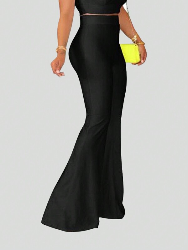 Fashionable European And American Style Elastic Waist Casual, Sexy, Street Style, Simplistic, Commute, Lovely, Bell-Bottomed Trousers