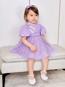 SHEIN 寶寶女孩可愛氣泡短袖圓點網紗立領漢服裝