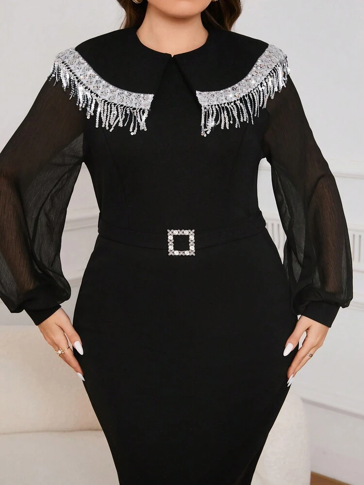 Plus Size Glitter Fringed Tie Decorated Lantern Sleeve Dress,Elegant Evening Party Dress Long Evening Dresses