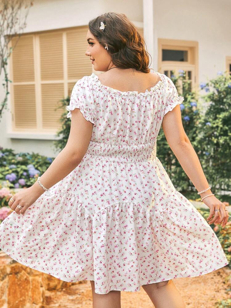 Plus Size Off Shoulder Ruffle Sleeve Cinching Waist Pink Floral Printed Romantic Countryside Vacation A-Line Dress For Summer