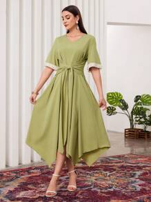 Modelyn Women's Solid Color Plain & Simple Pearl Decorated Cuff Long Dress - Green - View 7