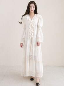 Dazy X KIMYOUJUNG 荷叶边装饰 V 领长袖连衣裙、荷叶边、秋季连衣裙