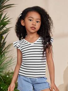 SHEIN Young Girl Striped Knit V-Neck Ruffle Armhole Top Worn At Music Festival - Black and White - View 6