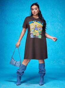 Nick 90s | SHEIN 大码时尚休闲卡通图案棕色连衣裙 - 棕色 - 查看 1
