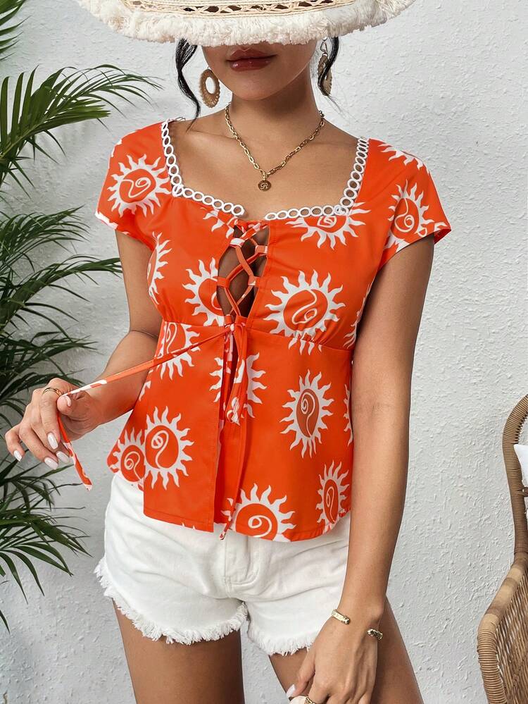 Women's Sunflower Printed Square Neck With Tie Blouse