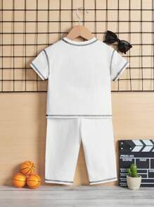 SHEIN Baby Boy's Decorative Button Up Collar Checked Contrast Stitching Sweatshirt And Jogger Pants Set