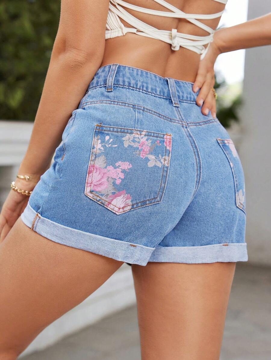 SHEIN Frenchy 女士花色拼接口袋修身牛仔短褲 - 中等水洗藍 - 查看 1