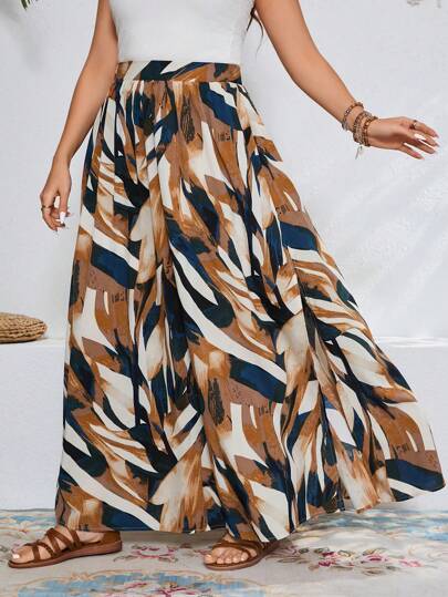 SHEIN VCAY Plus Size Plant Print High Slit Long Skirt