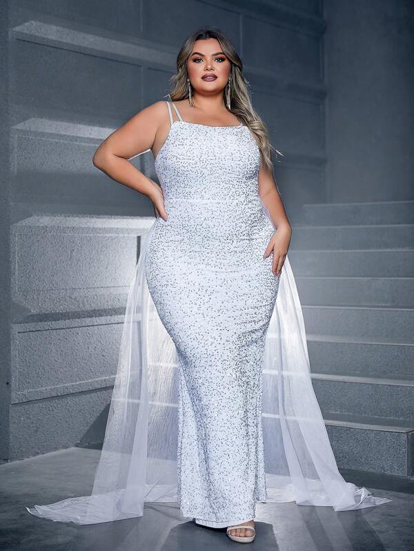 Vrouwen plus size pailletten contrast mesh zeemeermin trouwjurk met vissenstaart zoom