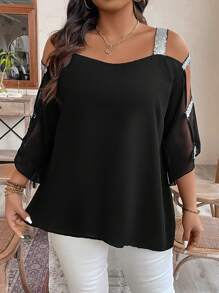 Plus Size Glitter Sparkle Stripe & Mesh Contrast Cold Shoulder Shirt - Black - View 4