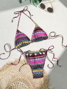 SHEIN Swim Zomerse dames bikiniset met kleurblokkering, strepenprint en schelpversiering, twee delen