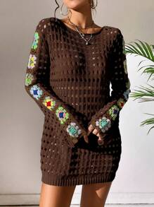 SHEIN Swim Solid Color Floral Print Round Neck Dress Cover Up Summer - Coffee Brown - View 7
