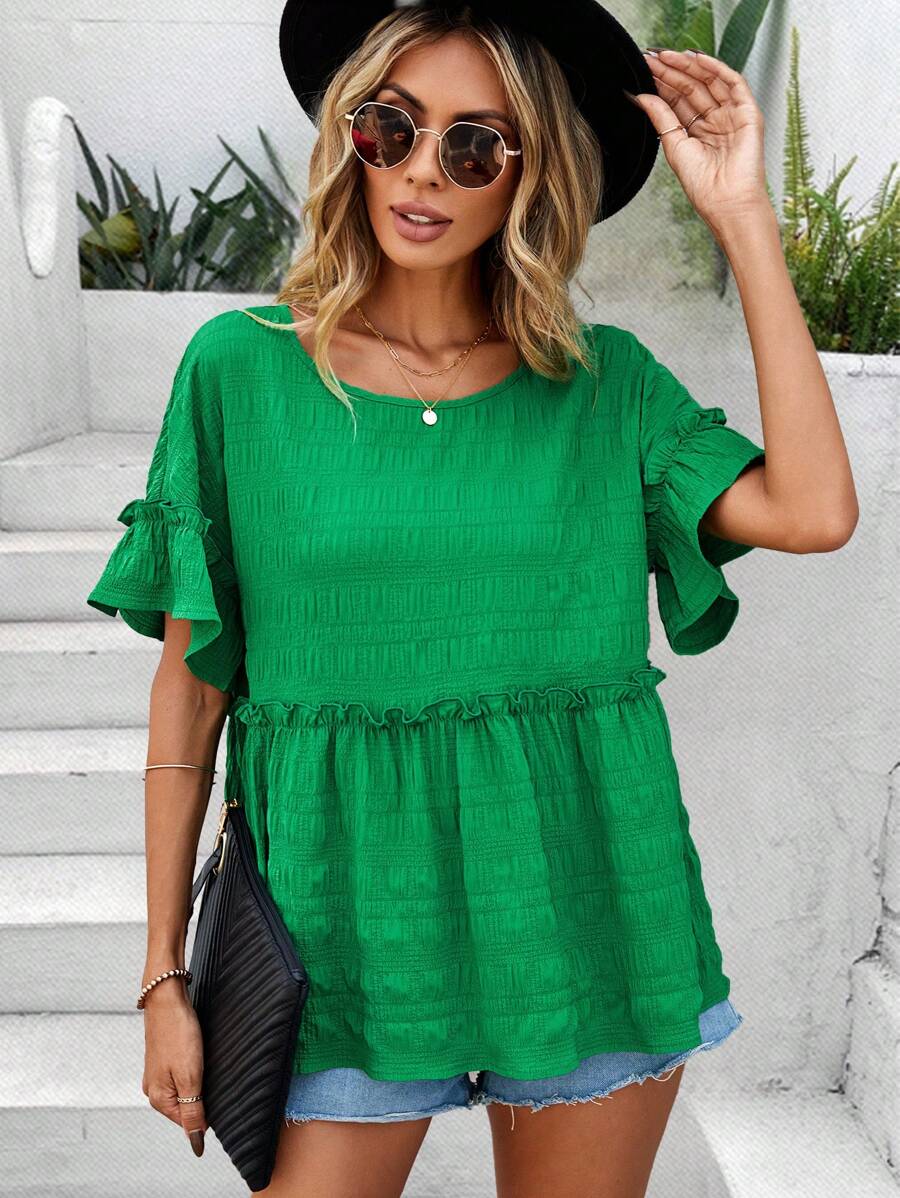 SHEIN LUNE 女士紋理襯衫,褶邊下擺設計 - 綠色 - 查看 1