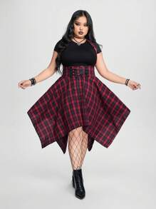 ROMWE Grunge Punk Plus Size Women's Plaid Crisscross Tie Asymmetrical Hem Overall Dress, School Fall - Red - View 3