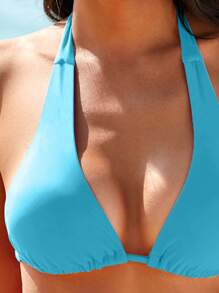 SHEIN Swim Solid Color Spaghetti Strap Separated Bikini Set, Summer Beach - Mint Blue - View 4