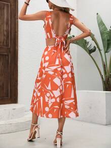 SHEIN VCAY Vestido naranja sin mangas para mujer con estampado geométrico, cintura recortada y cuello redondo - Naranja - Ver 6