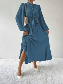 SHEIN Clasi 女款立領氣球袖連衣裙 - 藍色 - 查看 1