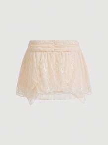 SHEIN Qutie Váy cạp trễ bất đối xứng cho nữ có ren và trang trí nơ - Màu be - Xem 2