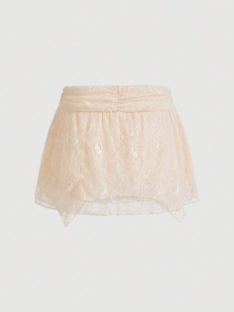 Women's Asymmetrical Hem Waistband Skirt With Lace And Bow Decoration