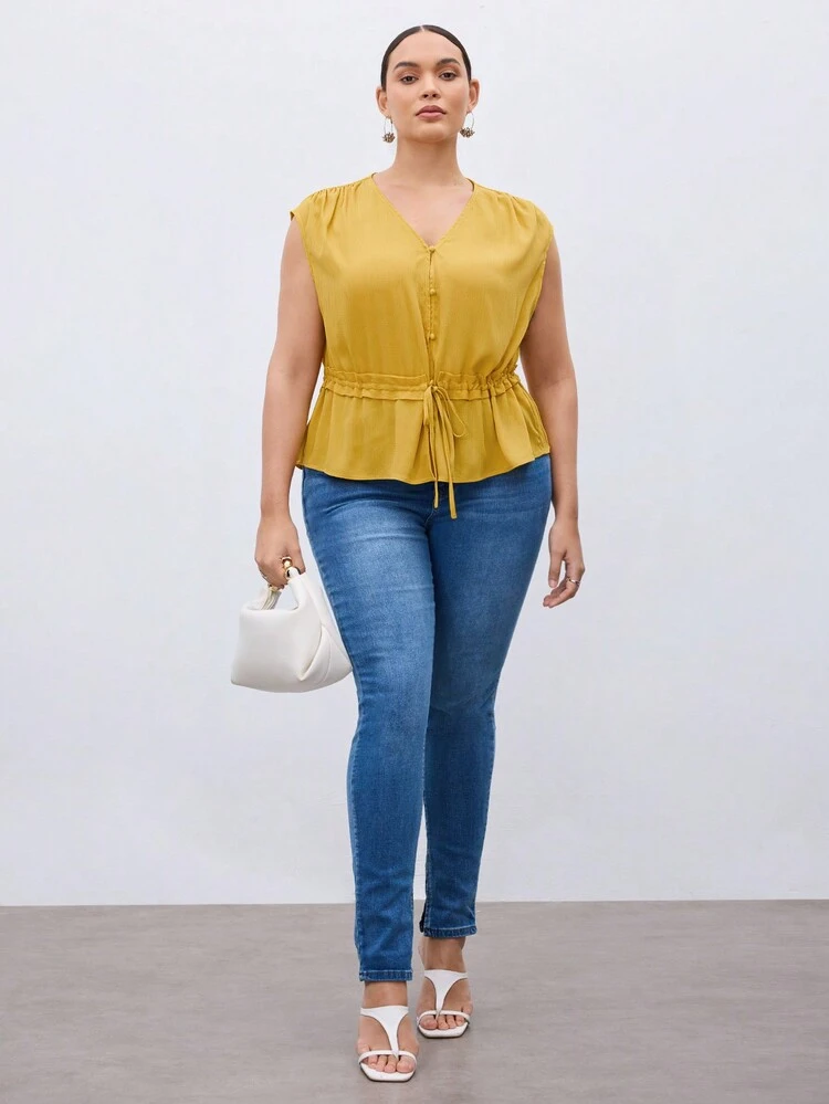 Plus Size Yellow Loose Front Tie V-Neck Sleeveless Shirt Casual Summer Blouse
