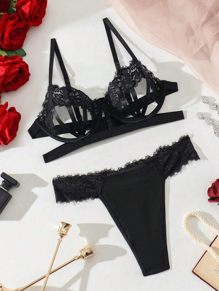 SHEIN Contrast Lace Hollow Out Sexy Lingerie Set For Going Out, Baddie Look - Black - View 1