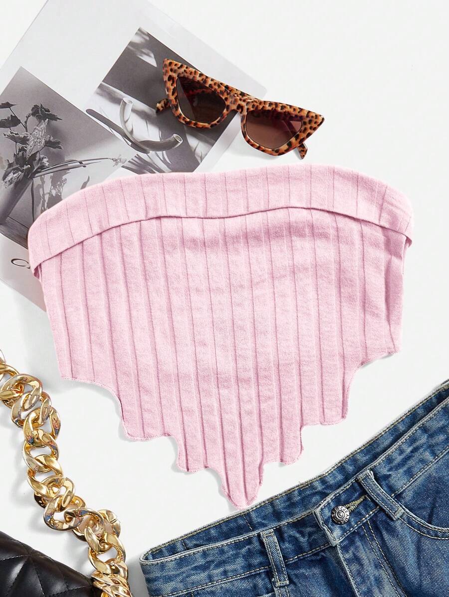 SHEIN EZwear Knitted Asymmetric Hem Tube Top For Women - Pink - View 1