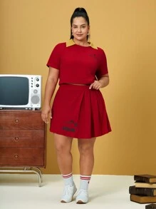 HARRY POTTER X SHEIN Plus Letter Graphic Contrast Collar Tee & Fold Pleated Skirt - Red - View 2