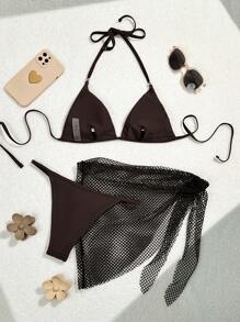 SHEIN Swim 3 件套女士纯色吊带比基尼套装上衣、泳裤和罩裙比基尼套装、夏季海滩泳衣 - 咖啡棕 - 查看 2